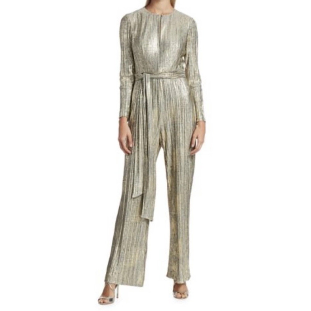Badgley Mischka Jumpsuit Womens 6 Gold Metallic Belted Wide-Leg Keyhole Autumn